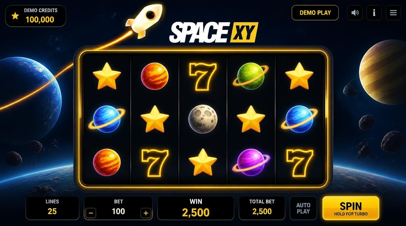 Raumspielautomat mit virtuellen Credits und leuchtenden Symbolen unter dem Weltraumhimmel