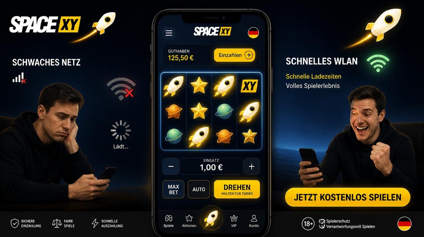 Smartphone zeigt Space XY Slots auf kleinem Display, Buttons und Einsätze klar sichtbar, WLAN vs. schlechter Empfang als Vergleich