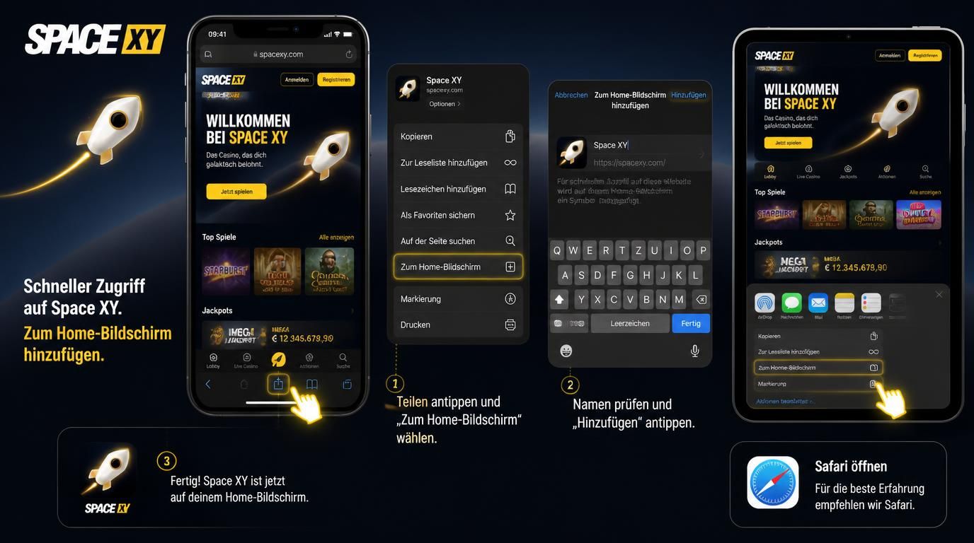 iPhone und iPad mit Space-XY über Safari, Homescreen-Icon und Touchsteuerung sichtbar